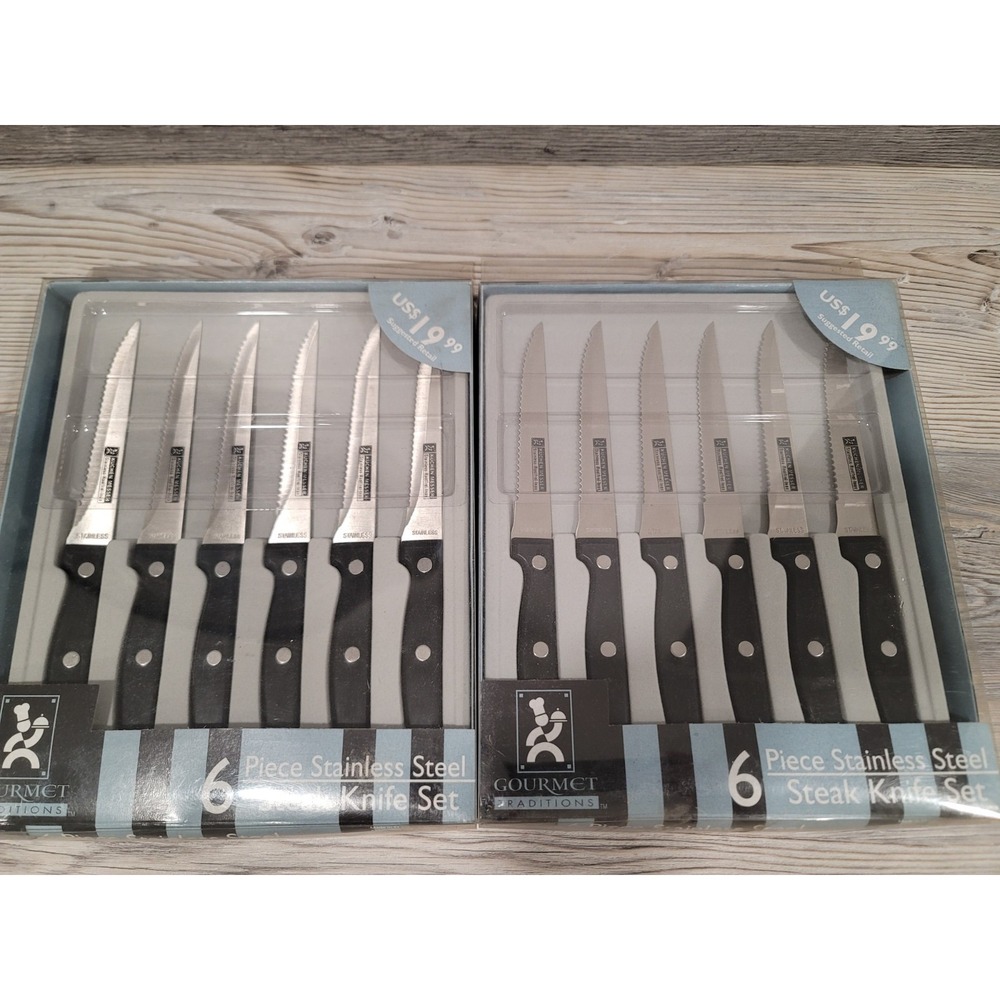 12-piece steak knives set black handles triple rivets stainless steel NEW